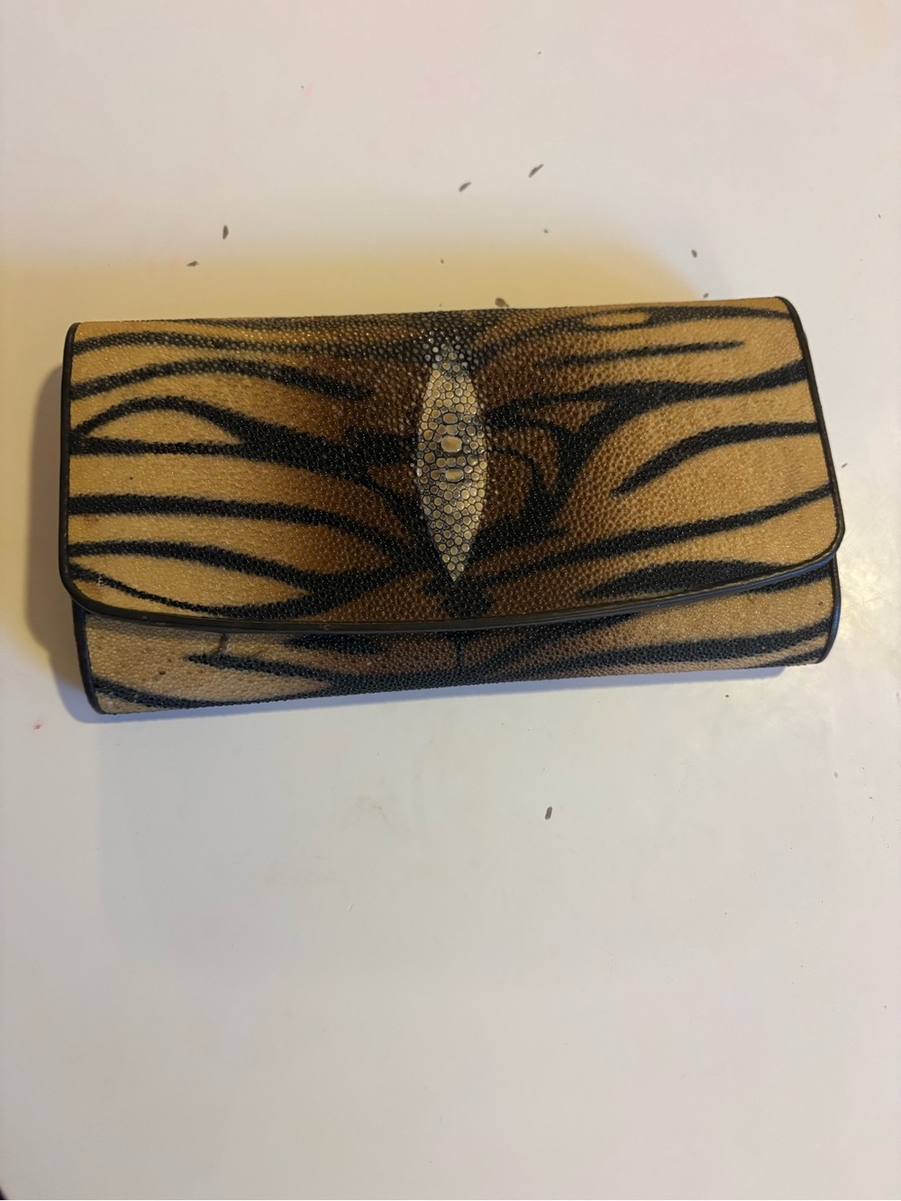 Vintage Stingray leather wallet featuring a hand-painted tiger stripe pattern
